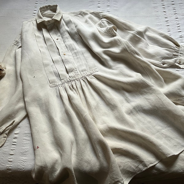 Men's Antique French Linen Shirt Smock Large Workwear Chore Peasant Gets Chemise Work Shirt French Farmhouse Tunic 1945