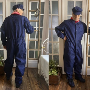 1972 Vintage French Jumpsuit Boiler Suit Large XL 2XL Indigo Overalls Overall Trousers Dungarees Blue Workwear Workers Sanfor cotton 1139