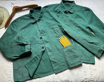 Veste de travail française vintage des années 80, taille moyenne grande 22 "23" veste de travail de corvée de travail vêtements de travail corvée manteau chemise de travail Sanfor coton vert 2004