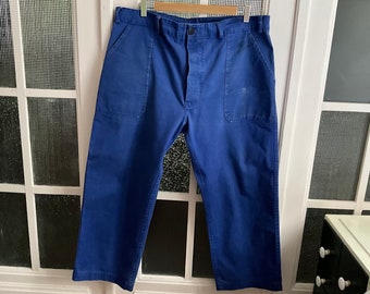 Vintage 90s trabajo tarea pantalones pantalones W40" L26" grande XLarge ropa de trabajo ropa de trabajo trabajador campesino trabajo grment descolorido azul Sanfor algodón 2120