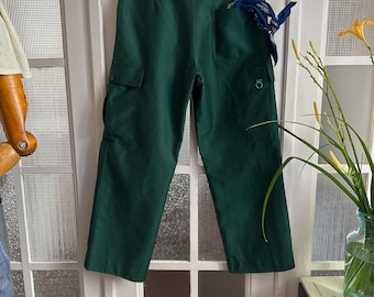 Vintage French Moleskin Chore Pants Pleats Pleated Cargo Trousers Work Pants W33" Peasant Workwear Workers green Large XL 2427