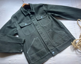 Vintage Work Jacket Pit 22.5" Workwear Work Wear Hobo Chore coat Worker Shirt Sanfor Cotton Twill cropped style Belted 2130
