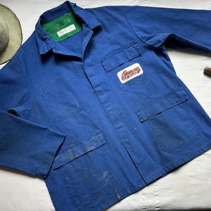 Vintage French Work Jacket Pit 26.5" 2XLarge Workwear Hobo Chore Coat Worker Shirt Work Garment Chore Jacket Worn out Faded Blue 3021