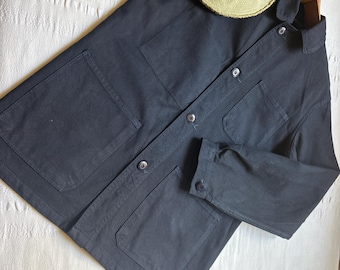 Vintage 70's French Work Jacket Pit  21,5”  Small Chore Coat Workwear Workwear Jacket  French chore Work shirt Sanfor Cotton Black 2413