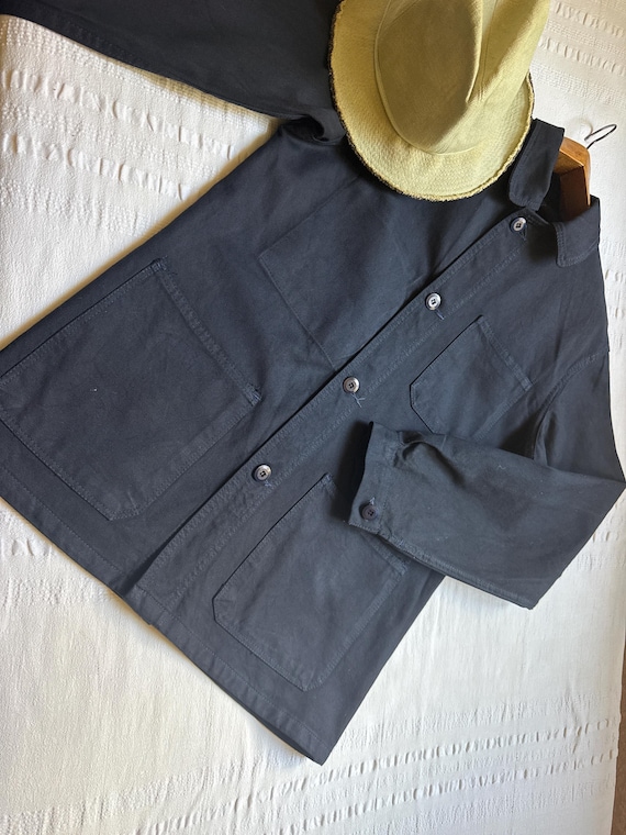 Vintage 70's French Chore Coat Work Jacket Small 21,5” Workwear Workers Jacket Hobo Work shirt Sanfor Cotton Black 2413
