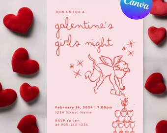 Whimsical Doodle Galentine's Day Invite, Valentine's Day Girls Night, Hand-Drawn Coquette Cupid Editable Digital Template