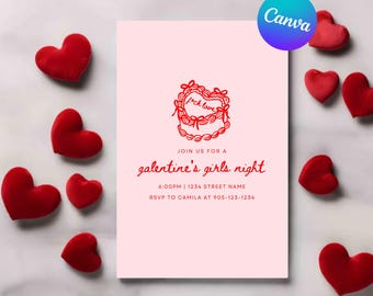 Grillige doodle Galentine's Day uitnodiging, Valentijnsdag Girls Night, handgetekende coquette bewerkbare digitale sjabloon