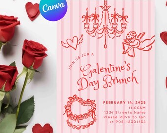 Whimsical Doodle Galentine's Day Invite, Valentine's Day Girls Night, Hand-Drawn Coquette Cupid Editable Digital Template