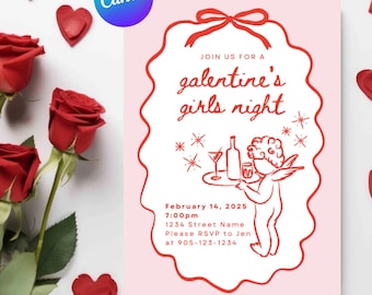 Grillige doodle Galentine's Day uitnodiging, Valentijnsdag Girls Night, handgetekende coquette Cupido bewerkbare digitale sjabloon