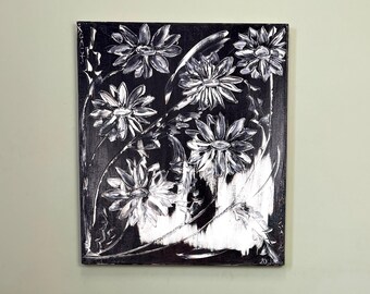Impasto Flowers Oil Painting: Black and White Art, Framed Canvas (27.55x31.49)