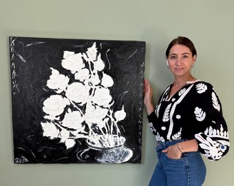 Original Oil Painting on Canvas Flower, Black and White Impasto Art, Home Decor