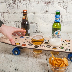 Original Presents / Gift For Husband / Craft Movable Beer Tray / Pub Decor / Skateboard Art / 2 Beer Glasses / Serving Tray