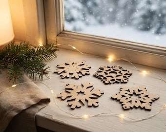 Set of Wooden Snowflakes: Christmas Decor, Gift Topper Ornament, Stocking Stuffer, Christmas Table Decoration, Home or Office Holiday Decor