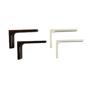May include: Two sets of shelf brackets, one set in black and one set in white. Each set has two brackets.
