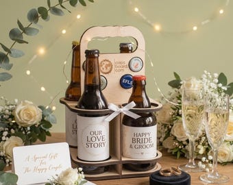 Wooden Beer Carrier, 4 Bottle & Cans Holder, Groomsmen Wedding Gift, Best Man Gift, Groom Gift, DIY Assembly, Keepsake Beer Caddy