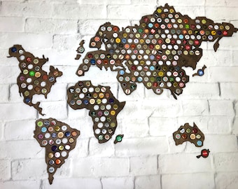 Mappa del mondo con tappi di birra in legno: decorazione da parete per collezionisti di birra, regalo per amanti dei viaggi, grande decorazione da parete per ufficio