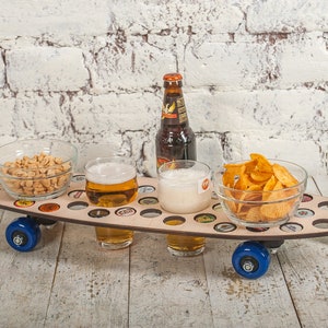 Pub Decor / Original Gifts For Him / Two Beer Glasses / Skateboard Deck / Bar Table / Beer Tray / Skateboard Art