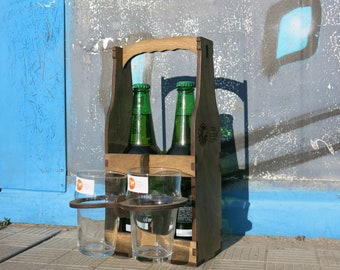 Cool Beer Caddy with 2 Beer Glasses/ Wooden Beer Carrier / Wood Beer Bottle Tote / Easter Gift for Him