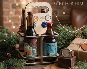 彼へのクリスマスプレゼント、4本用ビールキャリア、お父さん、夫、彼氏へのプレゼント、ビール好きへのプレゼント、木製ビールキャディ、ボトルキャップホルダー