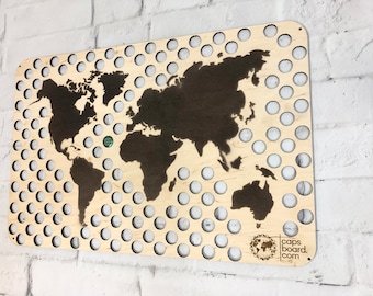 World Map Beer Cap Holder: Wooden Wall Art, Travel Gift, Eco Present
