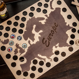 Beer Cap Map of Europe: Wood Bottle Cap Holder, Bar Decor