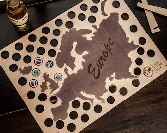 Beer Cap Map of Europe: Wood Bottle Cap Holder, Bar Decor, Eco Beer Gifts, Wall Art