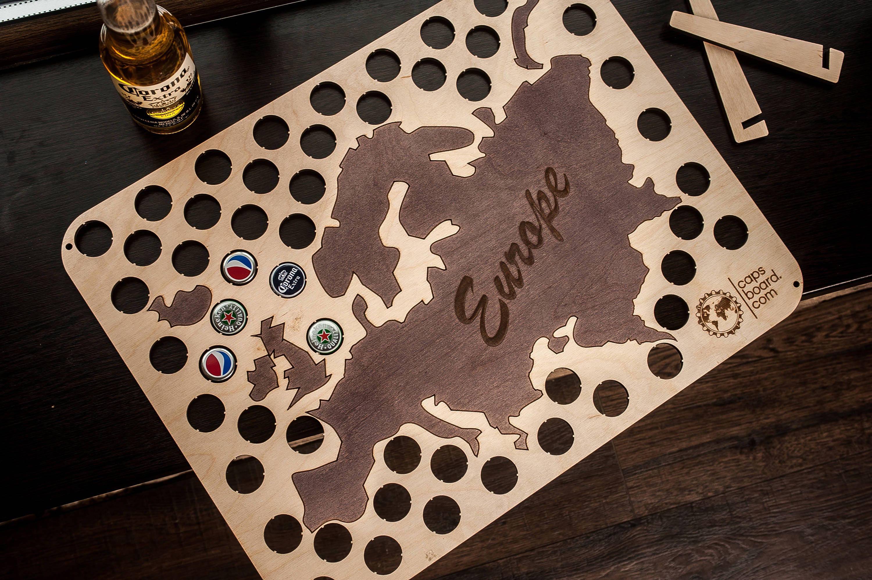Beer Cap Map Of Europe Wood Bottle Holder, Bar Decor, Eco Gifts, Wall Art