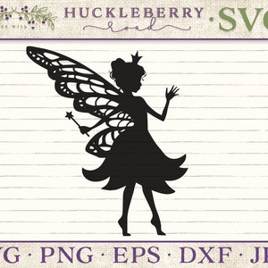 May include: Black silhouette of a fairy with wings, a crown, and a wand. The fairy is standing with one foot slightly raised and her hand outstretched.