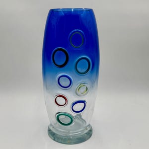 Alfredo Barbini Murano Art Glass Blue To Clear Vase w Applied Rings Signed 13” H