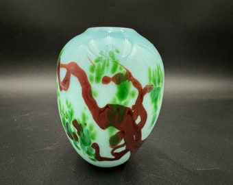 Early Joyce Roessler Art Glass Tree Landscape Vase 4 1/2” H Signed Dated 1978