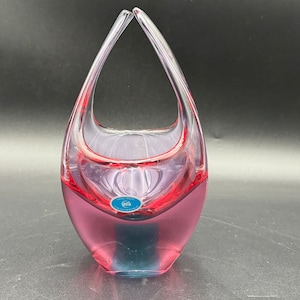 Zelezny Brod Sklo ZBS Czech Glass Pink Blue Bowl Vase 7 1/2” H Original Sticker