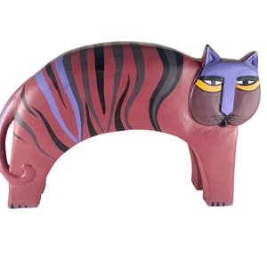 Vintage Large Laurel Burch Cat Wood Sculpture Pink Colorful Painted 12” L
