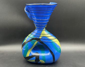 Ioan Nemtoi Art Glass Blue Multi Color Threaded Candy Vase
