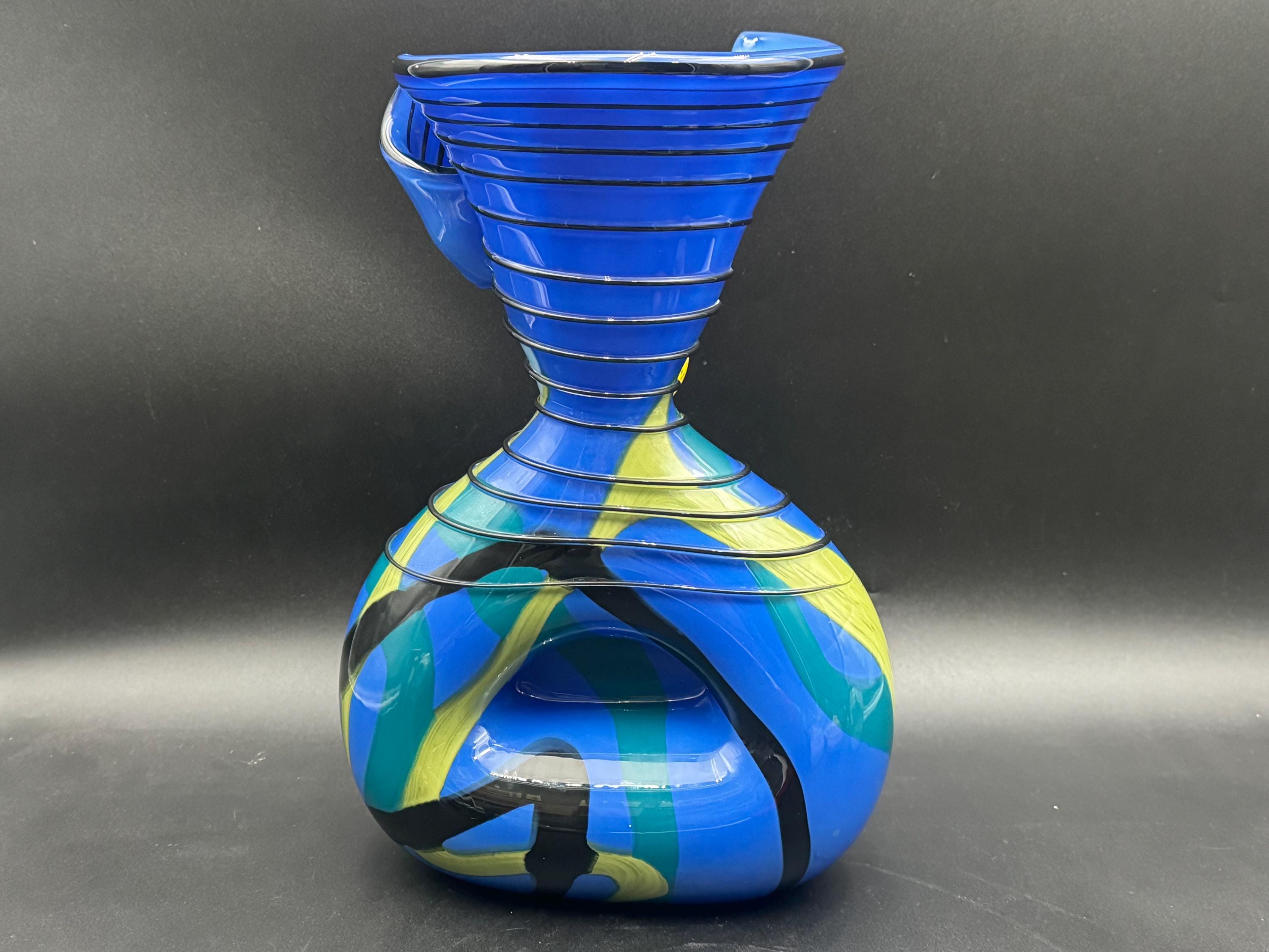 Ioan Nemtoi Art Glass Blue Multi Color Threaded Candy Vase