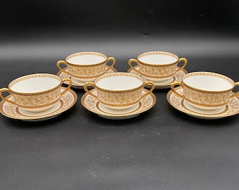 Set of 5 Haviland Limoges France Gold Floral Design Cream Soup Bowls & Saucers Stunning