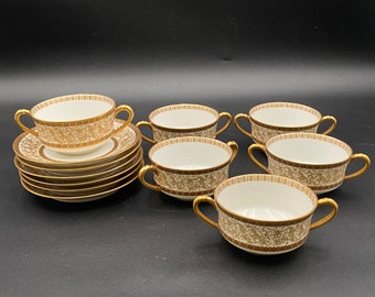 Set of 6 Haviland Limoges France Gold Floral Design Cream Soup Bowls & Saucers Stunning