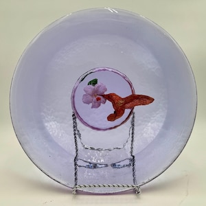George Bucquet Cast Glass and Copper  Neodynium Lavender Hummingbird Flower Bowl 12” Dia
