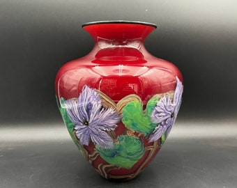 John Fields Art Glass Red Vase Floral Vase Purple Flowers Layered Stunning 10 1/4” H Signed