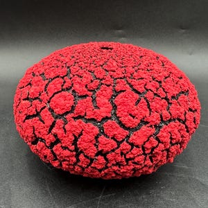Op de afbeelding: Een rond, rood decoratief object met een getextureerd, gebarsten oppervlak. De scheuren onthullen een donkere, bijna zwarte onderlaag. De textuur en kleur creëren een opvallend visueel contrast, waardoor het een unieke uitstraling heeft.