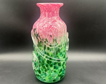 Gran jarrón de vidrio artístico de Monet con flores rosas y remolinos aplicados, firmado, 31,7 cm de alto