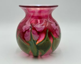 John Lotton Iridescent Pink Art Glass Floral Vase Bowl Signed 5 3/4” H Beautiful