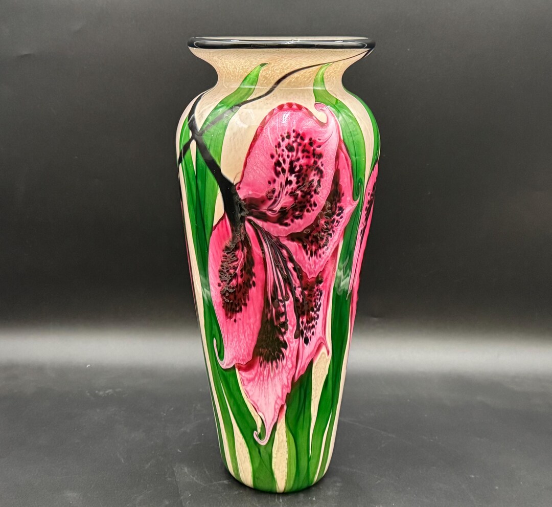 Rare Stuart Abelman Art Glass Pink Floral Orchid Vase Signed 14” H