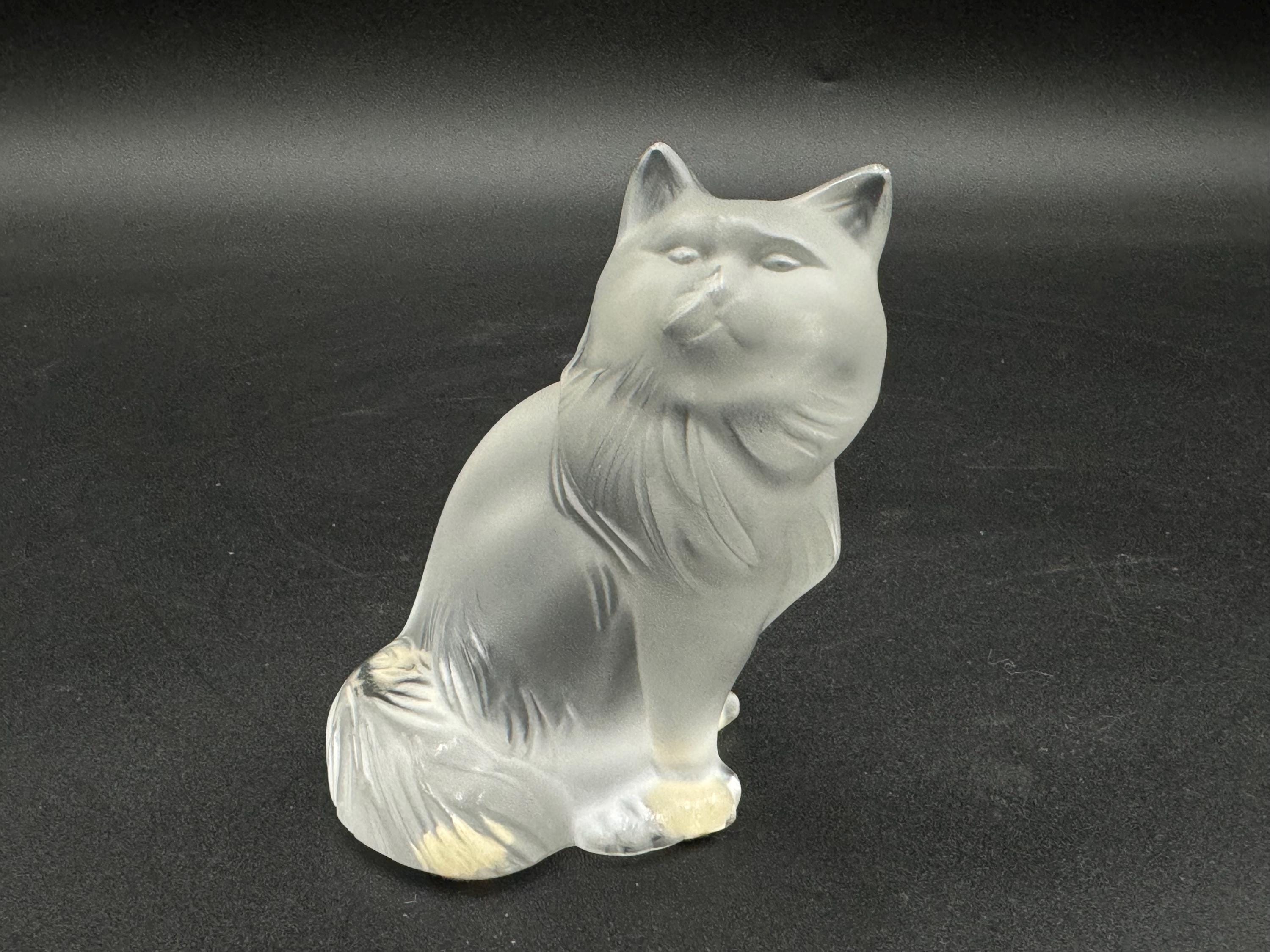 Vintage Lalique Frosted Crystal “Crouching Cat” Sculpture