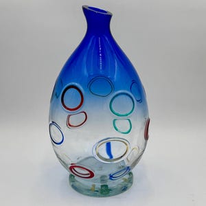 Alfredo Barbini Murano Art Glass Blue To Clear Vase w Applied Rings Signed 13” H