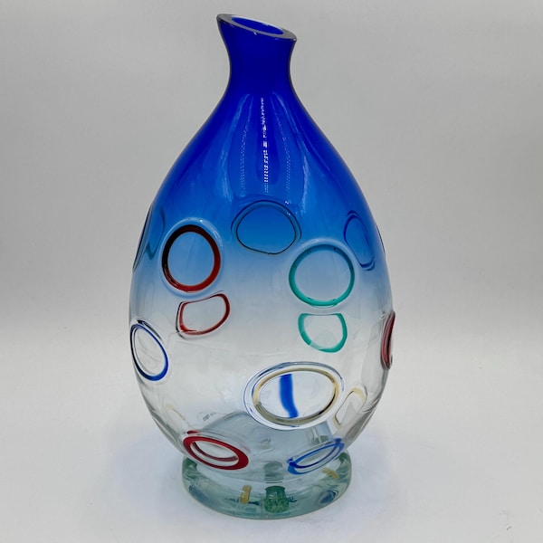 Alfredo Barbini Murano Kunst-Glas-Blau Klare Vase w Angelegte Ringe Signiert 13 ”H