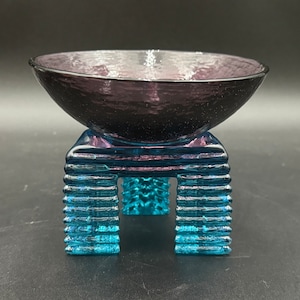 Hudson Beach Art Glass 2 Piece Postmodern Tripod Bowl Sculpture Purple Blue 4 1/4” H