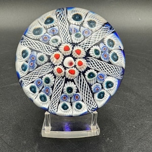 Strathearn Art Glass Blue 7 Spoke Millefiori Paperweight 2 3/4” W Stunning