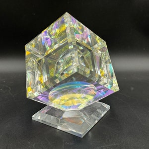 Stephen Lyons Art Glass Dichroic Millenium Cube Sculpture Multi-Color Large Size 7 1/2” H
