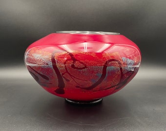 Michael Nourot Art Glass “Red Satin” Series Centerpiece Bowl Gold 9” W Signed