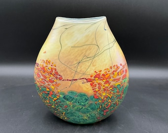 Heather & John Fields Art Glass Sedona Pouch Landscape Multi Color Vase 9” H Signed